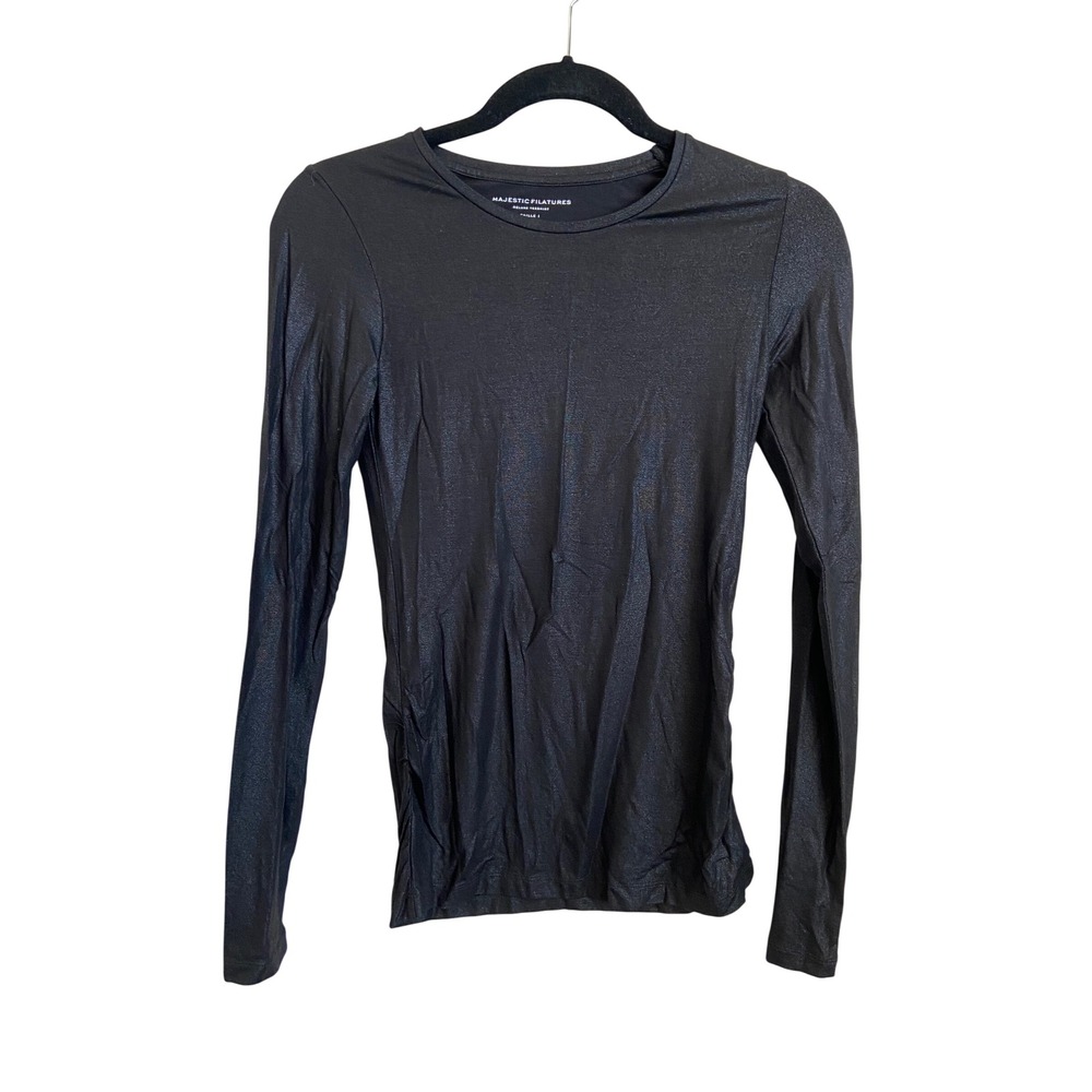 Majestic Filatures Black Metallic Shimmer Long Sleeve Ruched Tee Size 1 XS